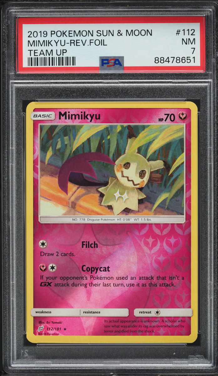 2019 Pokemon Sun & Moon Team Up Reverse Holo Mimikyu #112 PSA 7