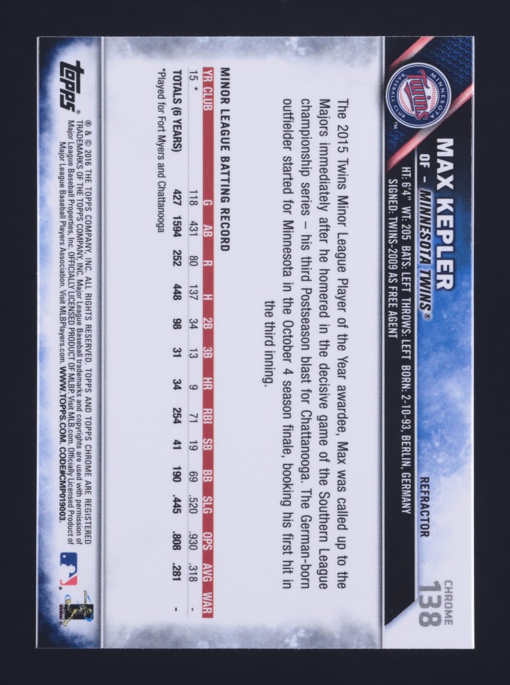 2016 Topps Chrome Refractor Max Kepler ROOKIE #138 MBA AUTH