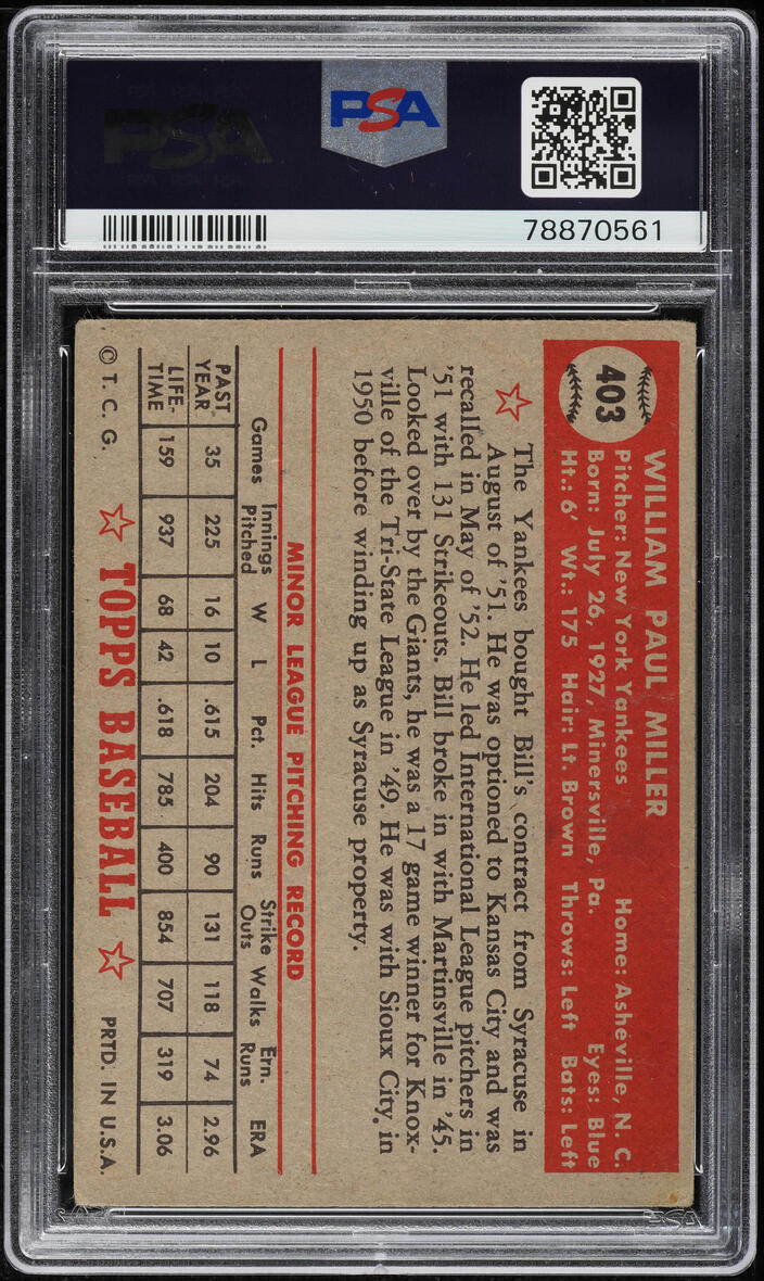 1952 Topps Bill Miller #403 PSA 1.5 FR