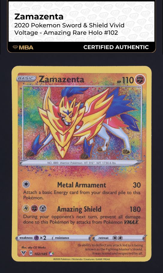 2020 Pokemon Sword & Shield Vivid Voltage Amazing Rare Zamazenta #102 MBA AUTH