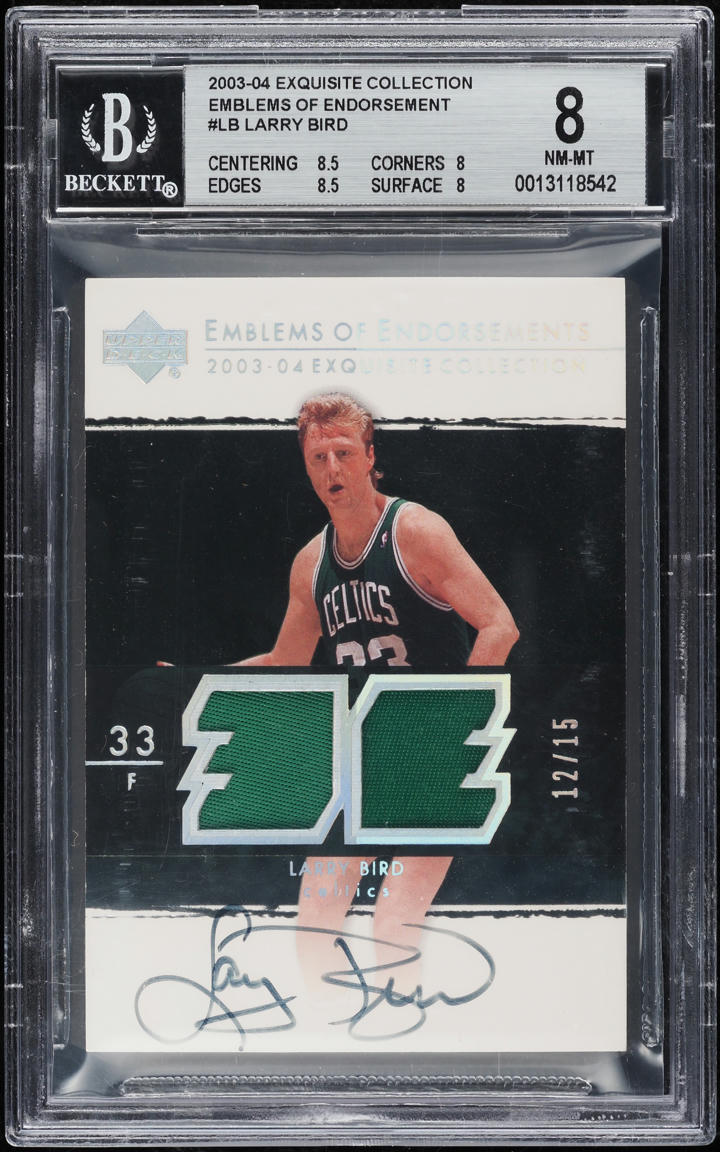 2003 Exquisite Collection Emblems Of Larry Bird PATCH AUTO /15 #EM-LB BGS 8