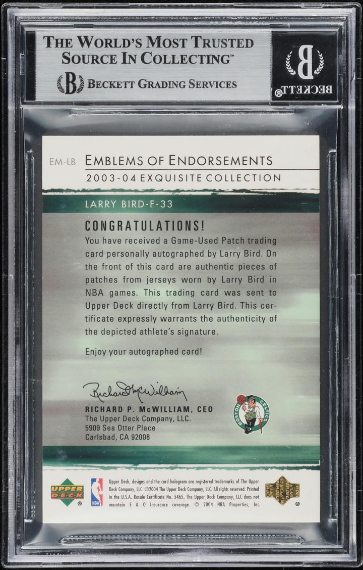 2003 Exquisite Collection Emblems Of Larry Bird PATCH AUTO /15 #EM-LB BGS 8