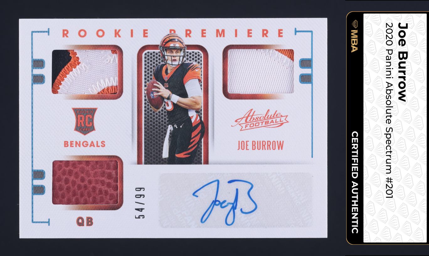 2020 Absolute Spectrum Joe Burrow ROOKIE PATCH AUTO /99 #201 MBA AUTH