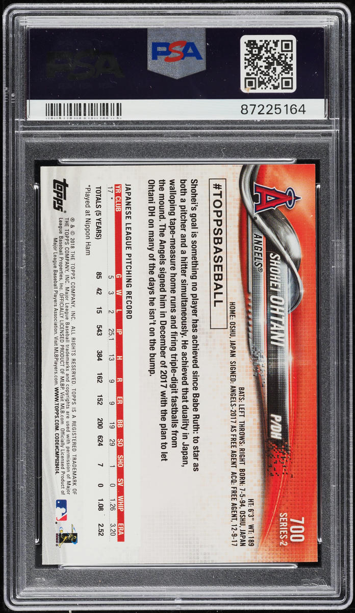 2018 Topps Hand On Helmet Shohei Ohtani SP ROOKIE #700 PSA 9 MINT