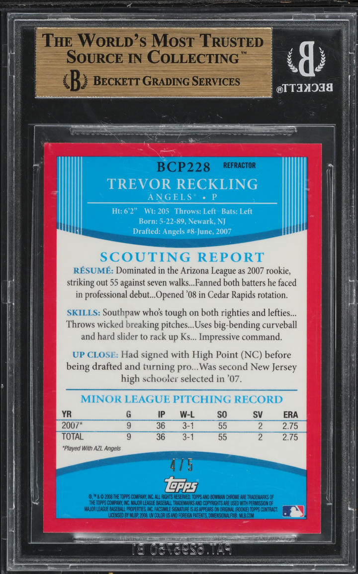 2008 Bowman Chrome Prospects Red Refractor Trevor Reckling RC /5 BGS 9.5 GEM