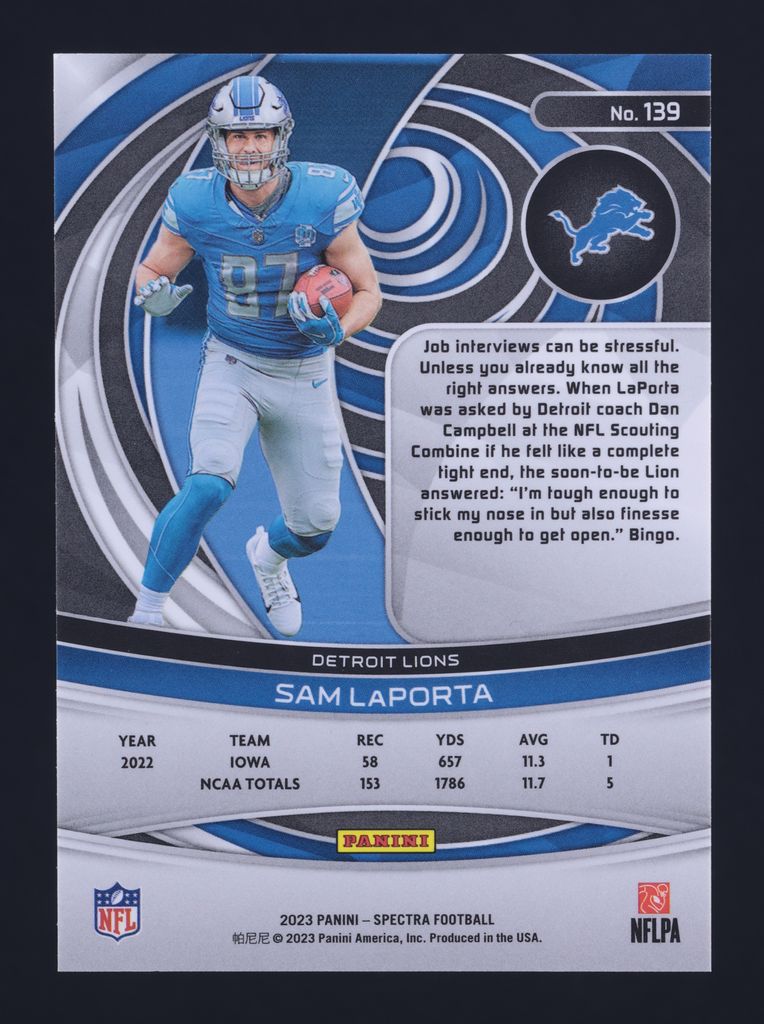 2023 Panini Spectra Sam LaPorta ROOKIE #139 MBA AUTH