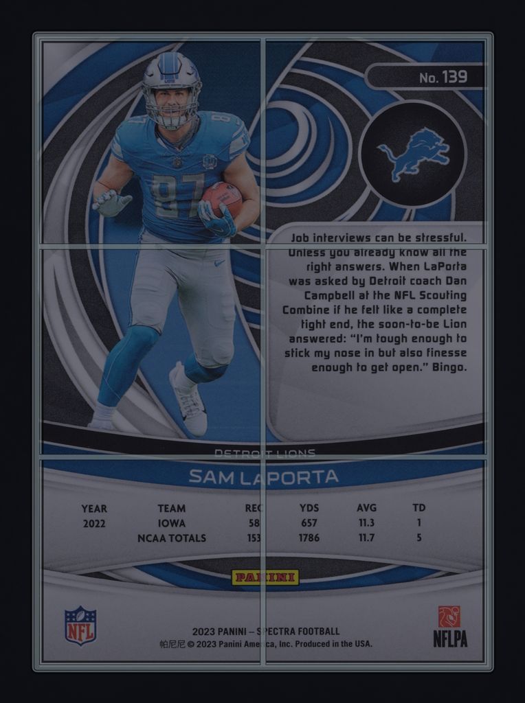 2023 Panini Spectra Sam LaPorta ROOKIE #139 MBA AUTH
