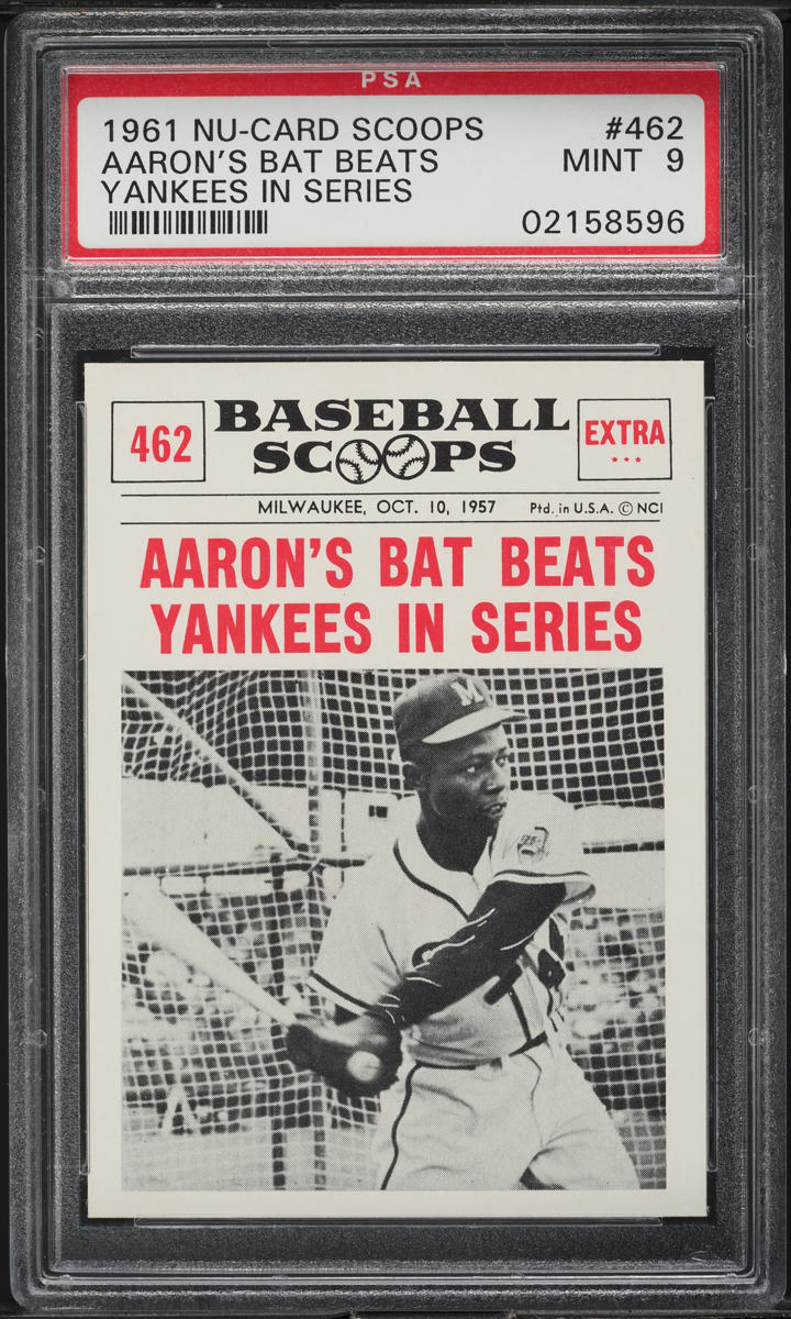 1961 Nu-Card Scoops Aaron's Bat Beats YANKEES IN SERIES #462 PSA 9 MINT