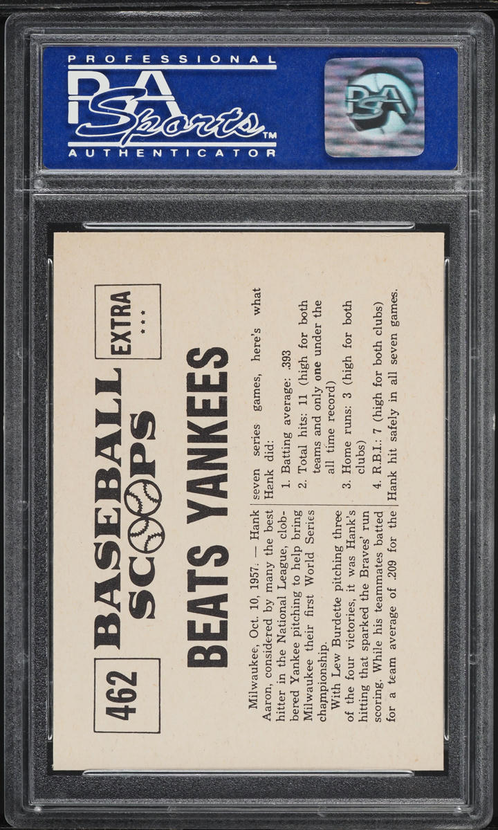1961 Nu-Card Scoops Aaron's Bat Beats YANKEES IN SERIES #462 PSA 9 MINT