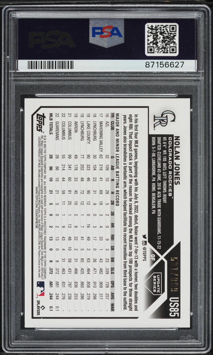 2023 Topps Update Blue Foil Nolan Jones ROOKIE /999 #US85 PSA 9 MINT