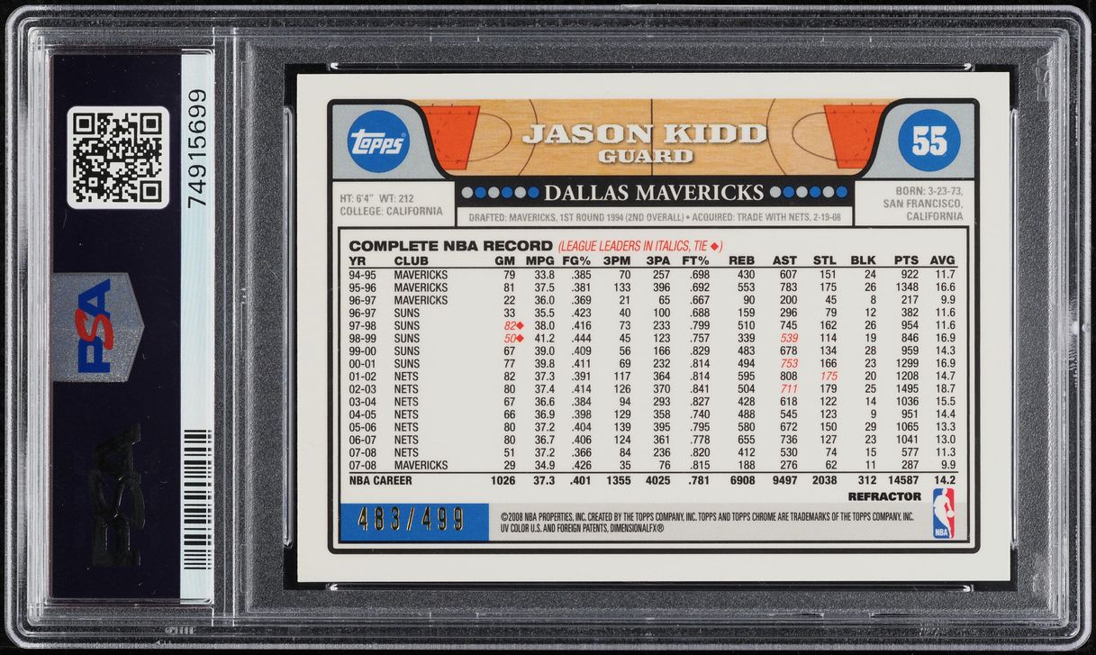 2008 Topps Chrome Orange Refractor Jason Kidd /499 #55 PSA 10 GEM MINT