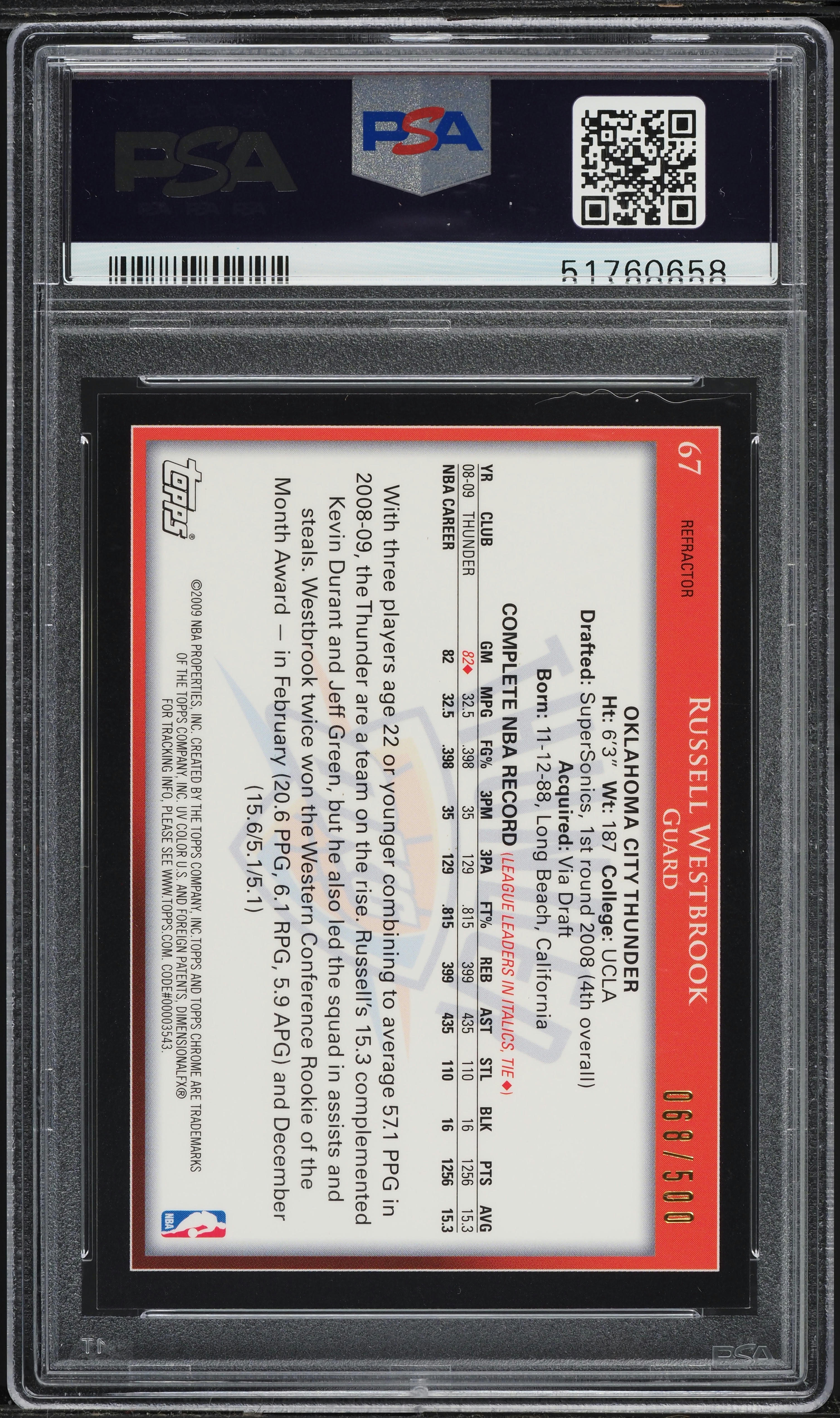 2009 Topps Chrome Refractor Russell Westbrook /500 #67 PSA 9 MINT