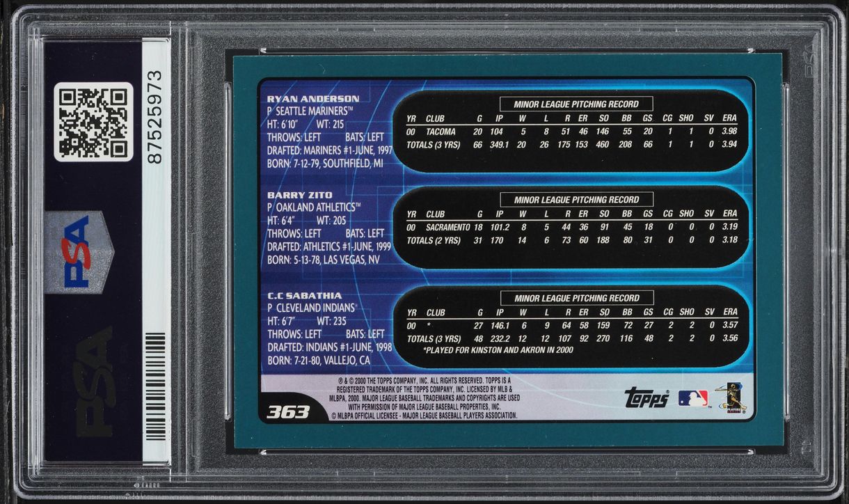 2001 Topps C.C. Sabathia Ryan Anderson & Barry Zito ROOKIE #363 PSA 9 MINT