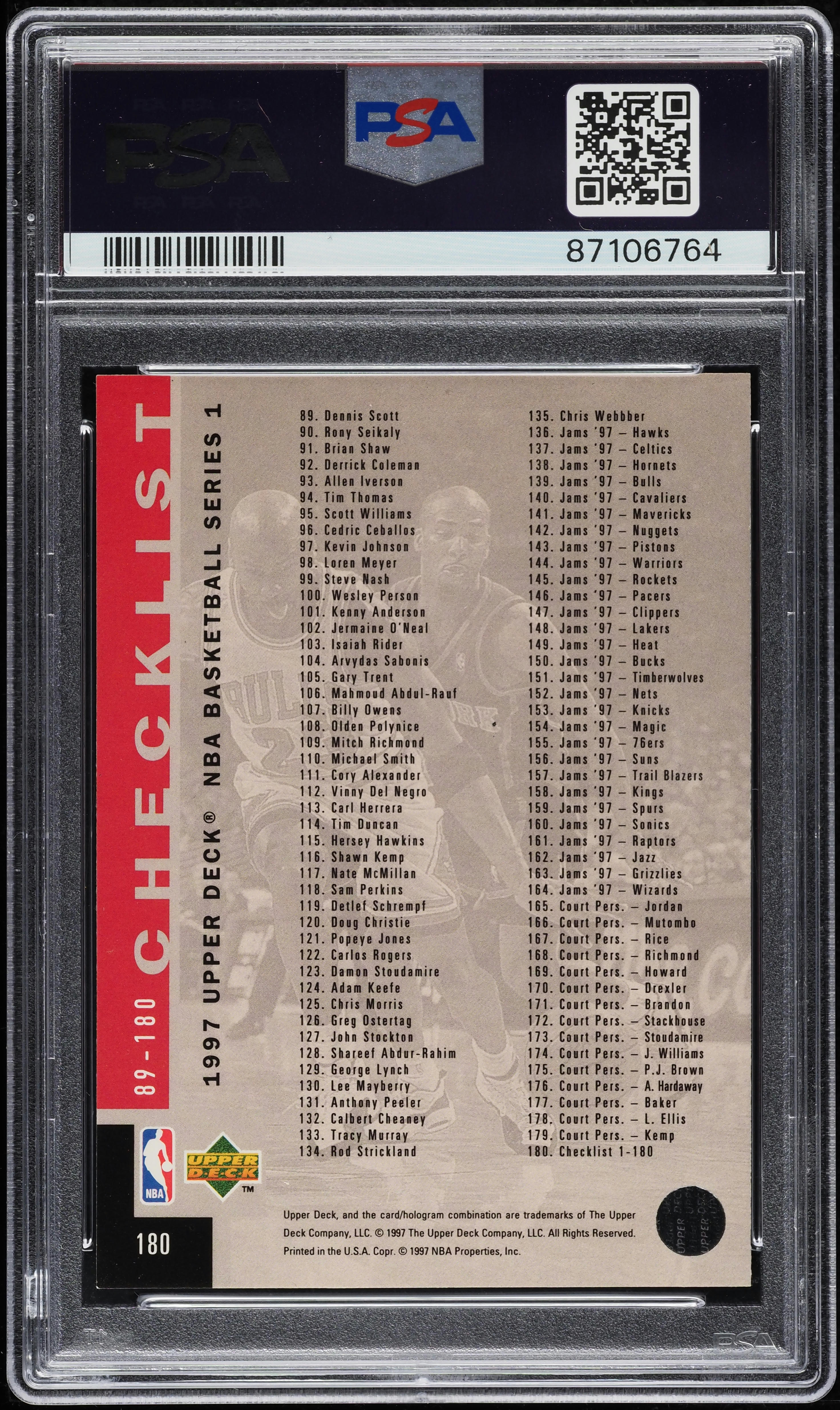 1997 Upper Deck Basketball Checklist #1-180 #180 PSA 8 NM-MT on