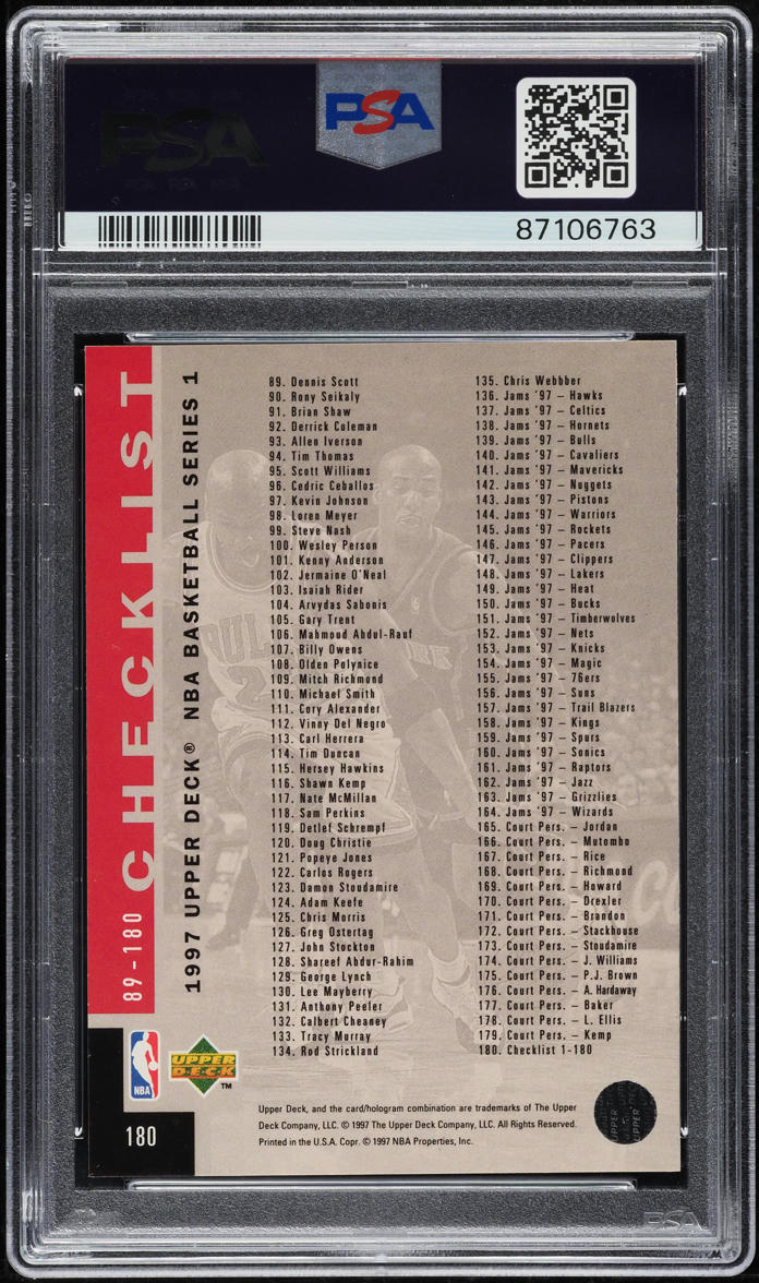 1997 Upper Deck Basketball Checklist #1-180 #180 PSA 9 MINT