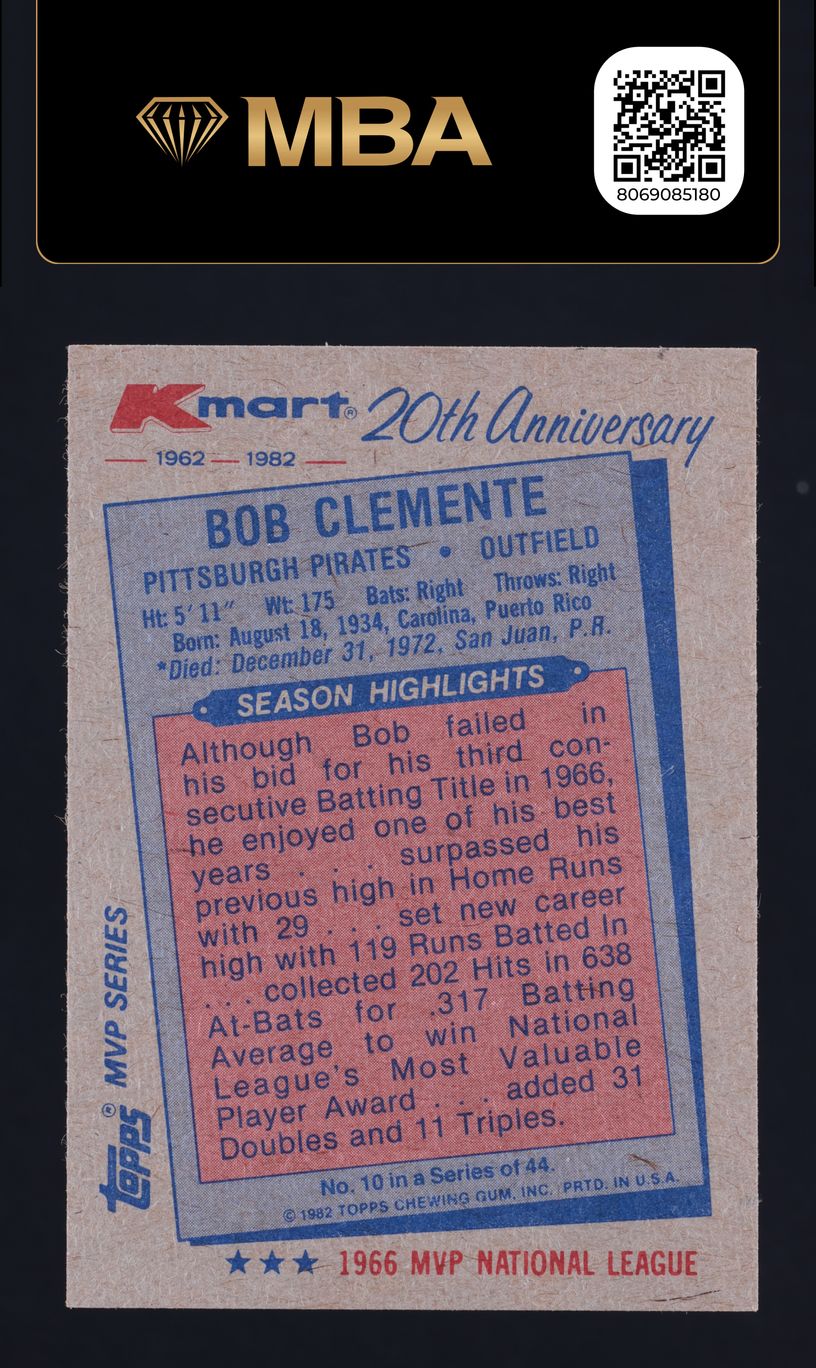 1982 Topps Kmart 20th Anniversary Bob Clemente #10 MBA AUTH