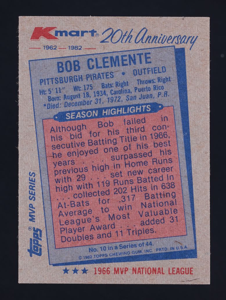 1982 Topps Kmart 20th Anniversary Bob Clemente #10 MBA AUTH