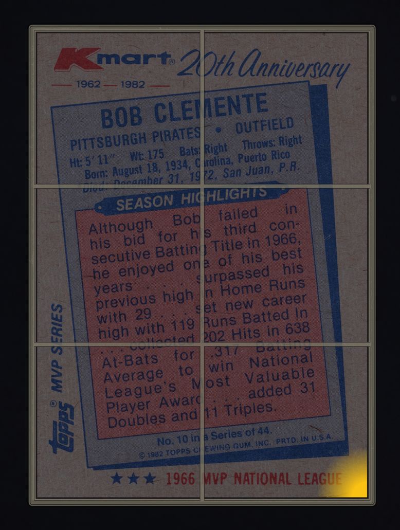 1982 Topps Kmart 20th Anniversary Bob Clemente #10 MBA AUTH