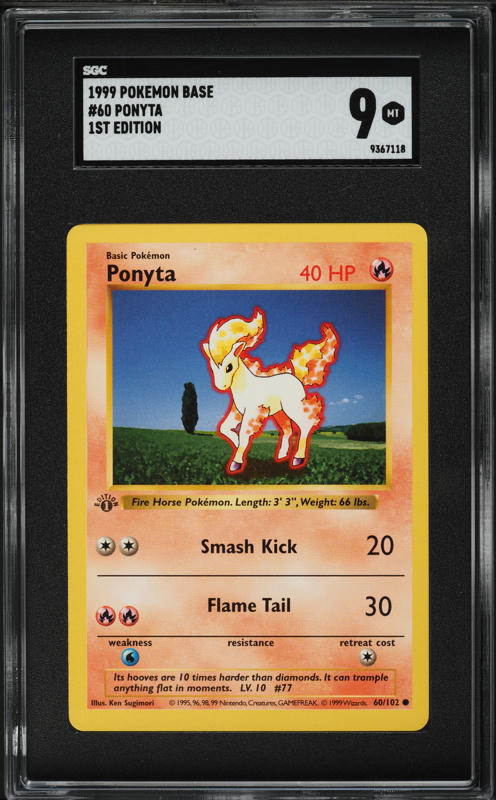 1999 Pokemon Base Set Shadowless 1st Edition Ponyta #60 SGC 9 MINT