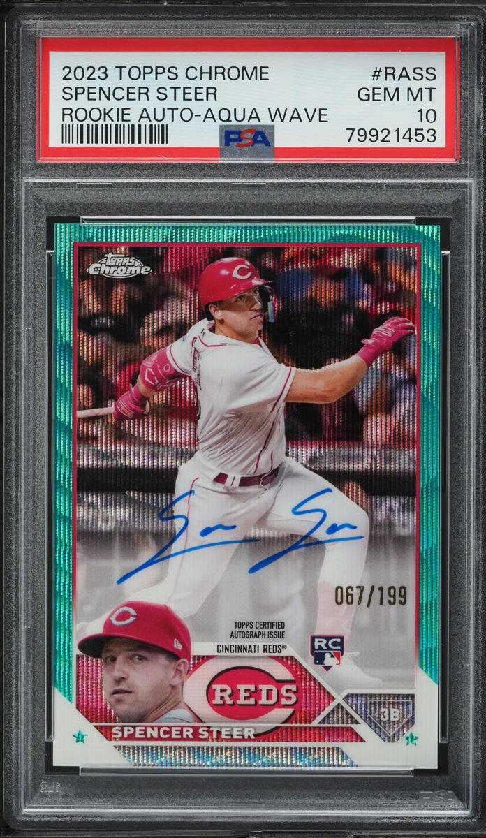 2023 Topps Chrome Aqua Wave Spencer Steer ROOKIE AUTO /199 #RA-SS PSA 10 GEM