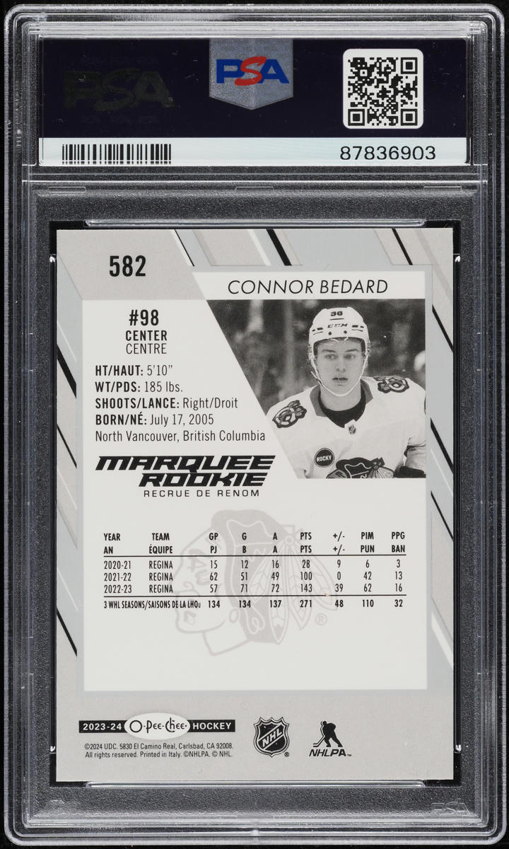 2023 O-Pee-Chee Hockey Connor Bedard ROOKIE #582 PSA 10 GEM MINT