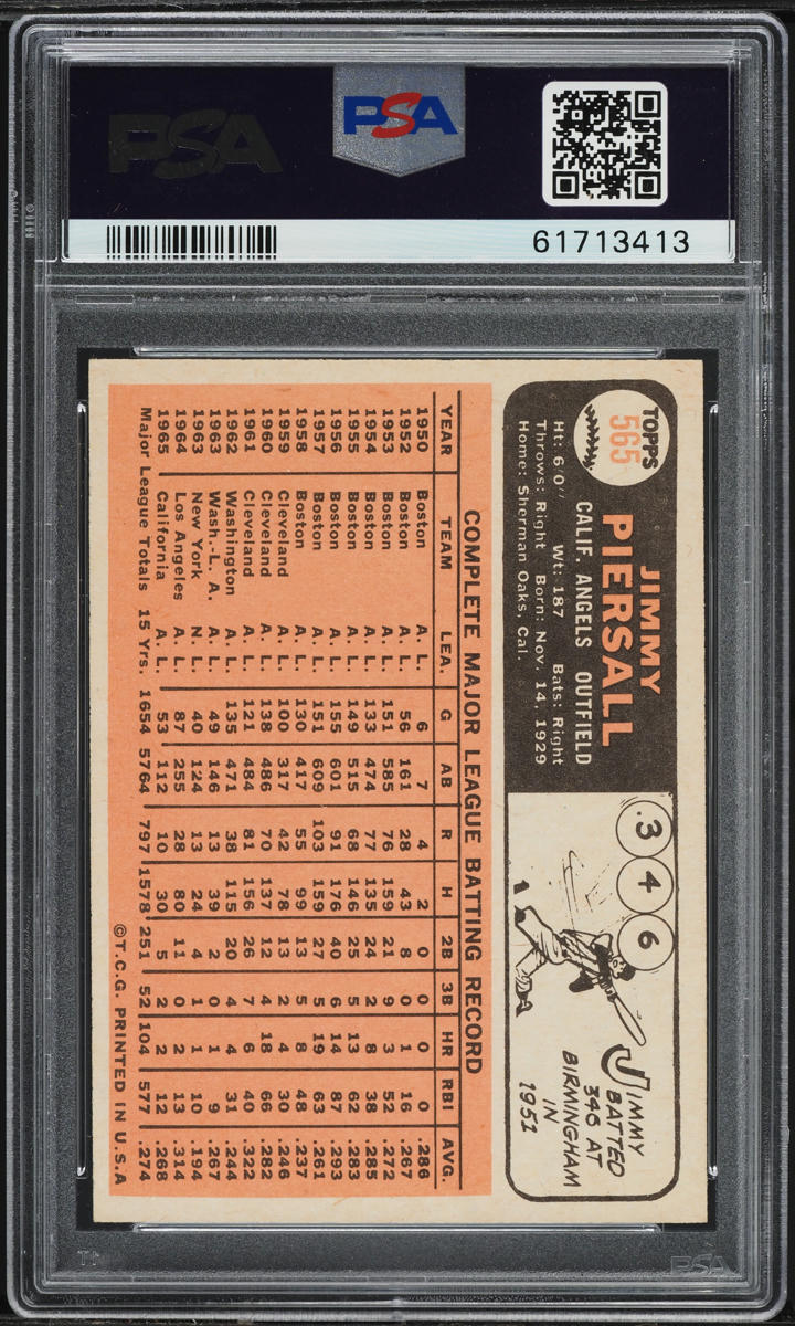 1966 Topps Jimmy Piersall SHORT PRINT #565 PSA 7 NRMT