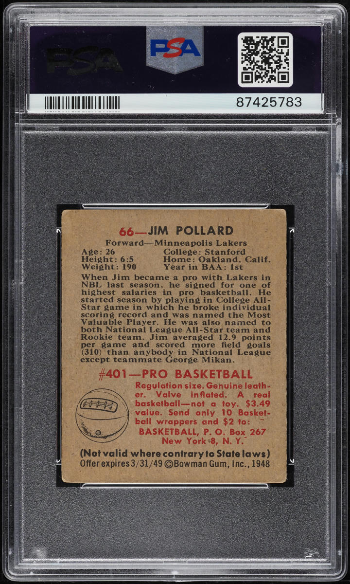 1948 Bowman Basketball Jim Pollard ROOKIE #66 PSA 2 GD