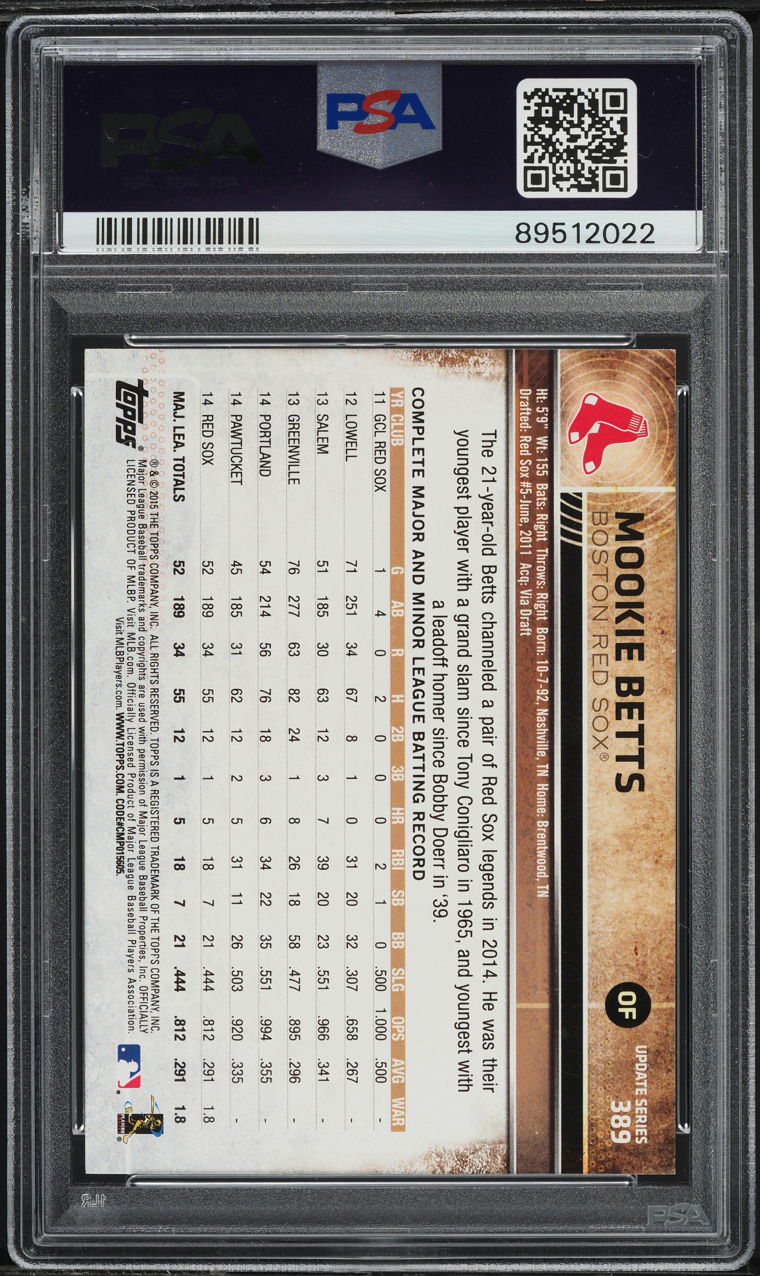2015 Topps Update Throwback Mookie Betts #389 PSA 10 GEM MINT on