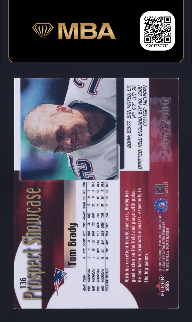 2000 Fleer Showcase Tom Brady ROOKIE /2000 #136 MBA AUTH