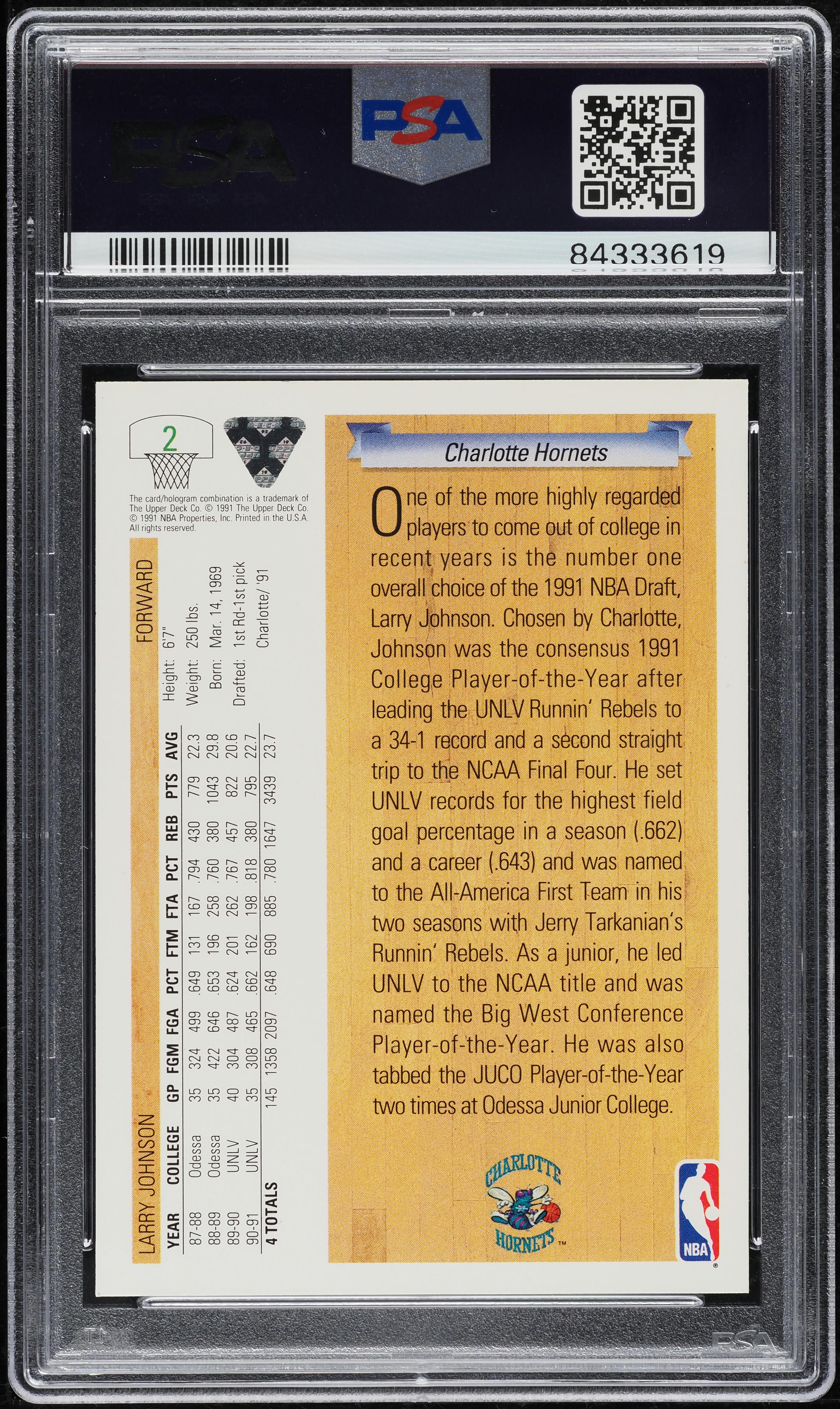 1991 Upper Deck Basketball Larry Johnson ROOKIE #2 PSA 10 GEM MINT