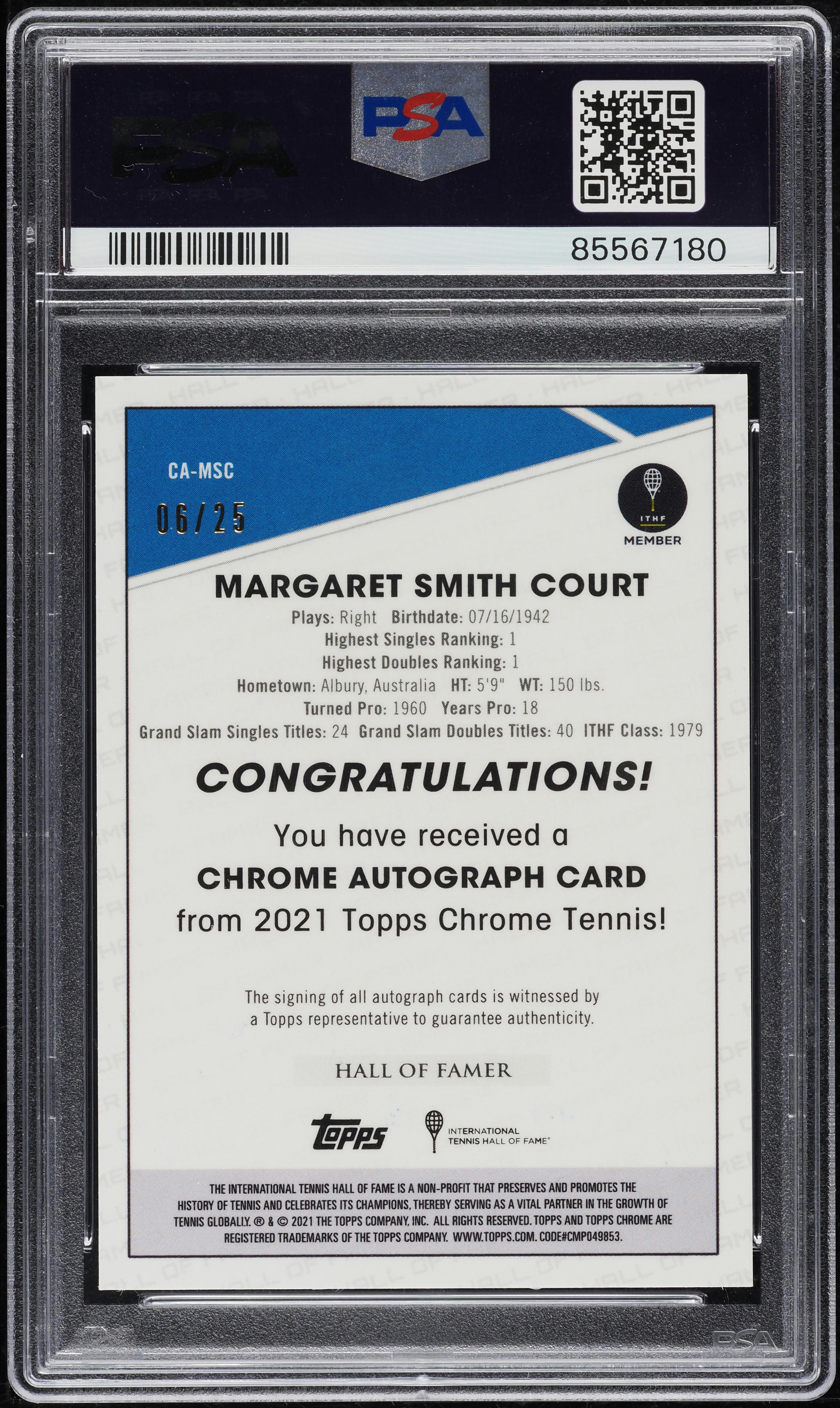 2021 Topps Chrome Tennis Orange Margaret Smith Court AUTO /25 #CA