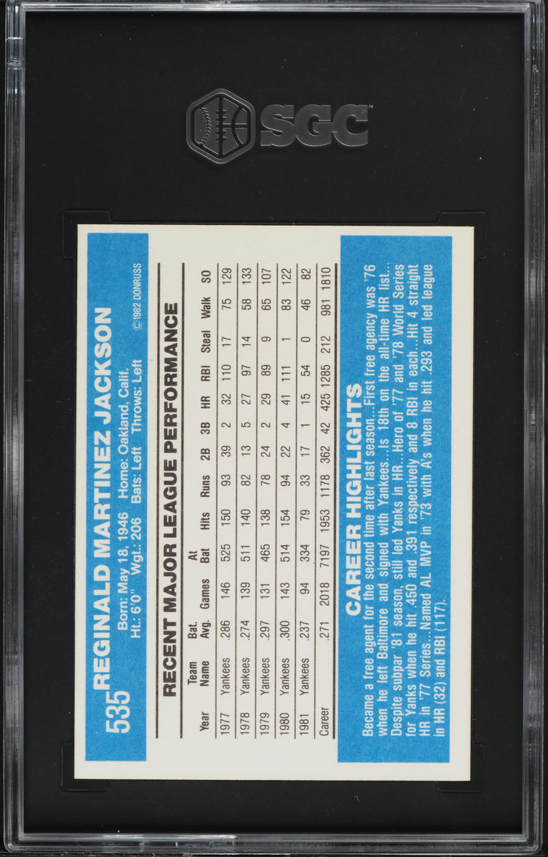 1982 Donruss Reggie Jackson #535 SGC 9.5 MINT+