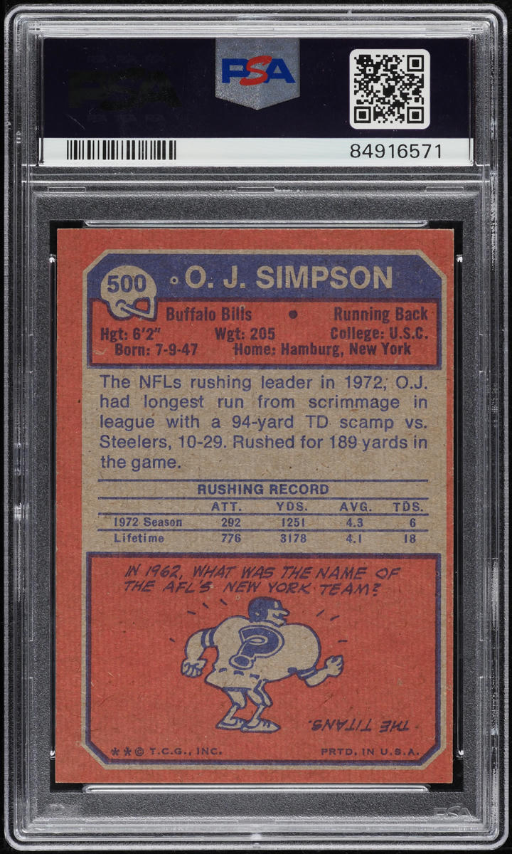 1973 Topps Football O.J. Simpson #500 PSA 6 EXMT on Fanatics Collect