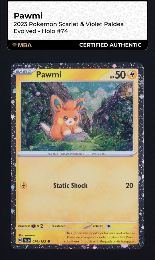 2023 Pokemon Scarlet & Violet Paldea Evolved Holo Pawmi #74 MBA AUTH
