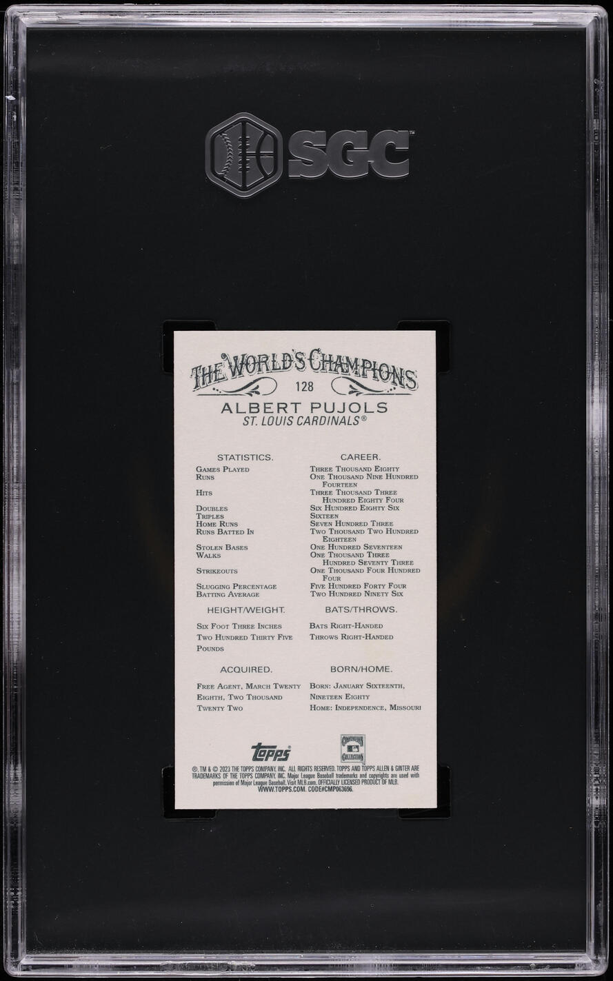 2023 Topps Allen & Ginter Mini Albert Pujols #128 SGC 10 GEM MINT