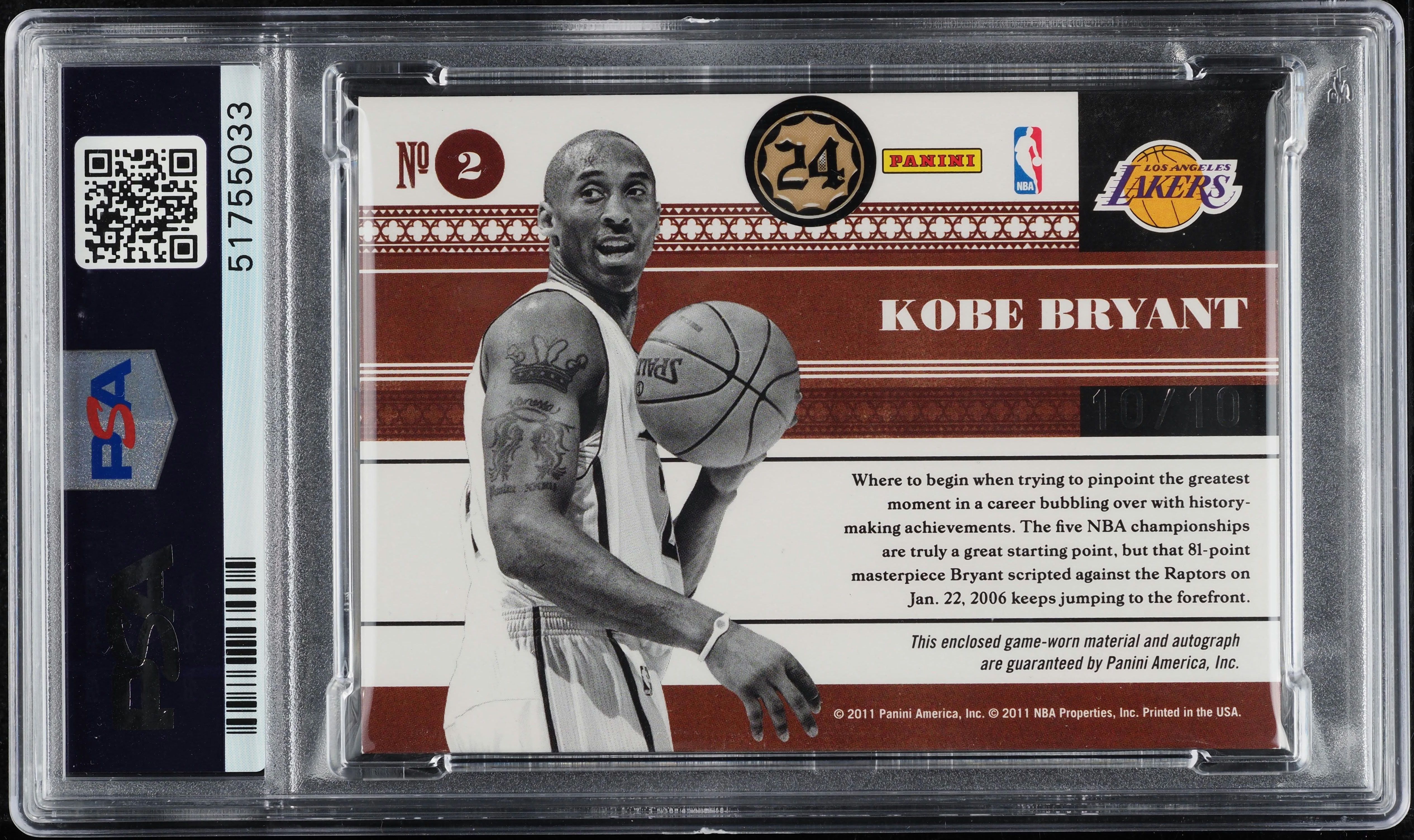 2010 Playoff National Treasures Bio. Kobe Bryant PATCH AUTO DNA 10