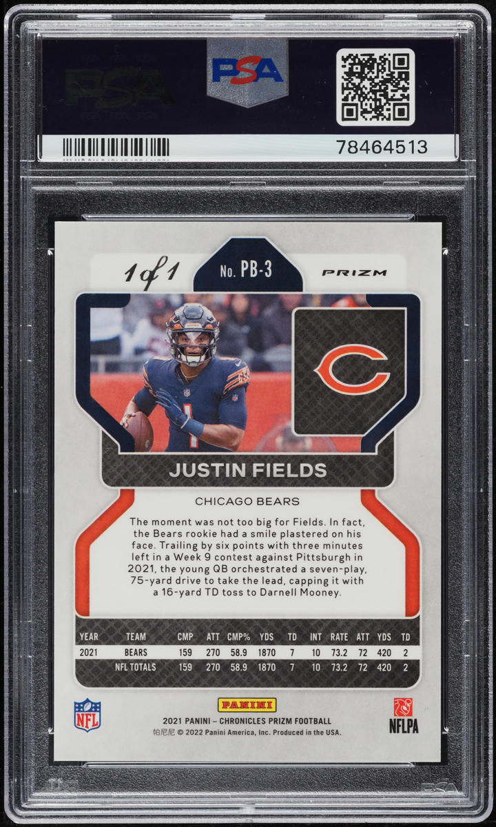 2021 Panini Chronicles Black Finite Prizm Justin Fields ROOKIE 1/1 #PB-3 PSA 7