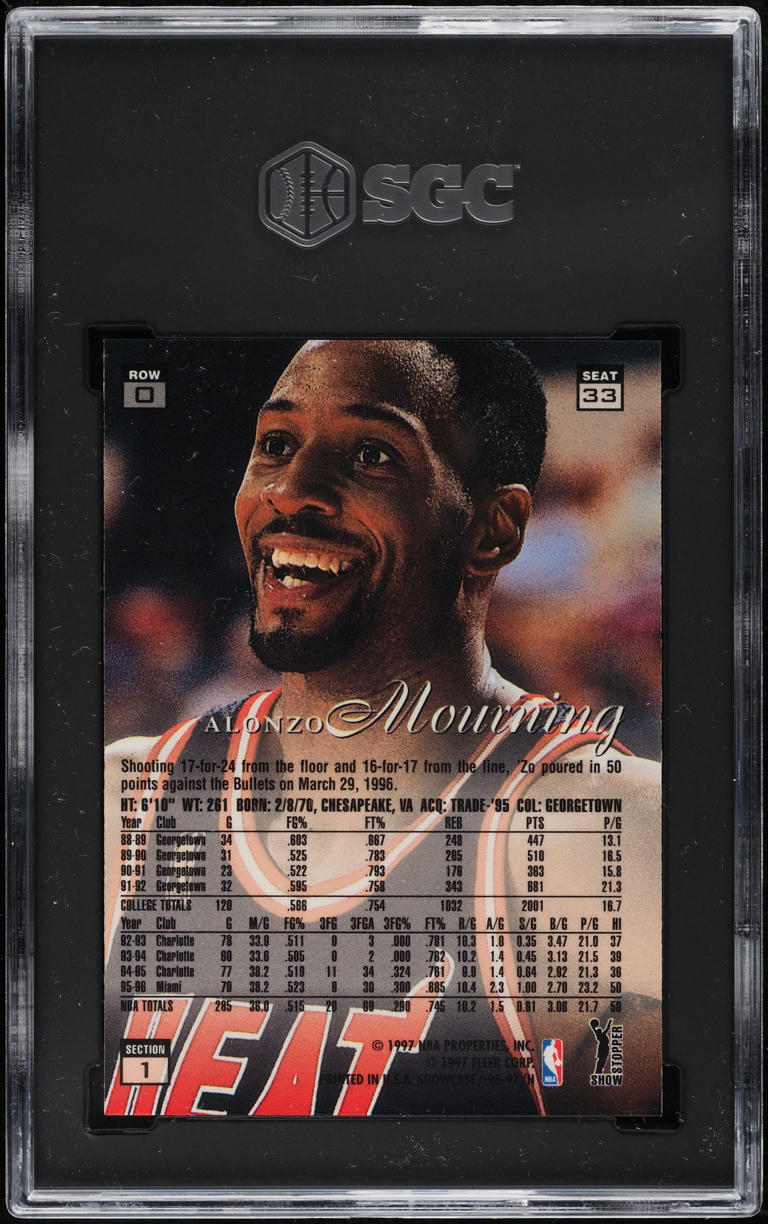 1996 Flair Showcase Row 0 Alonzo Mourning #33 SGC 8.5 NM-MT+