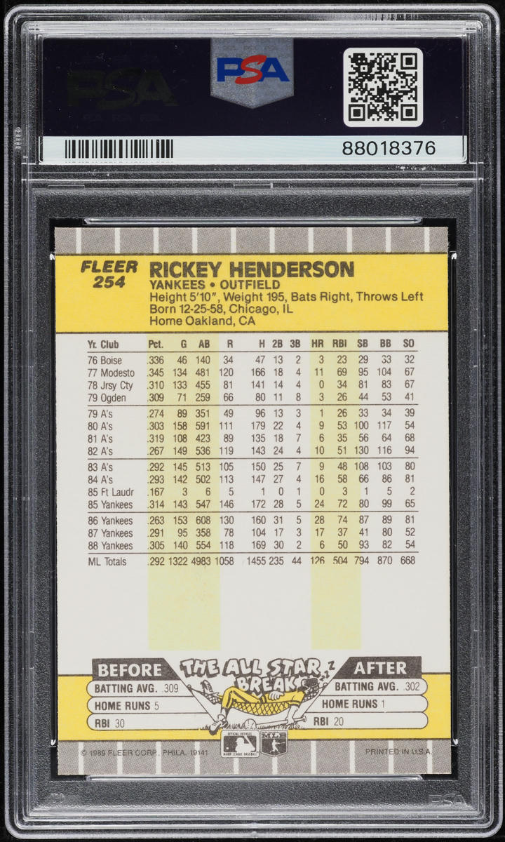 1989 Fleer Rickey Henderson #254 PSA 10 GEM MINT