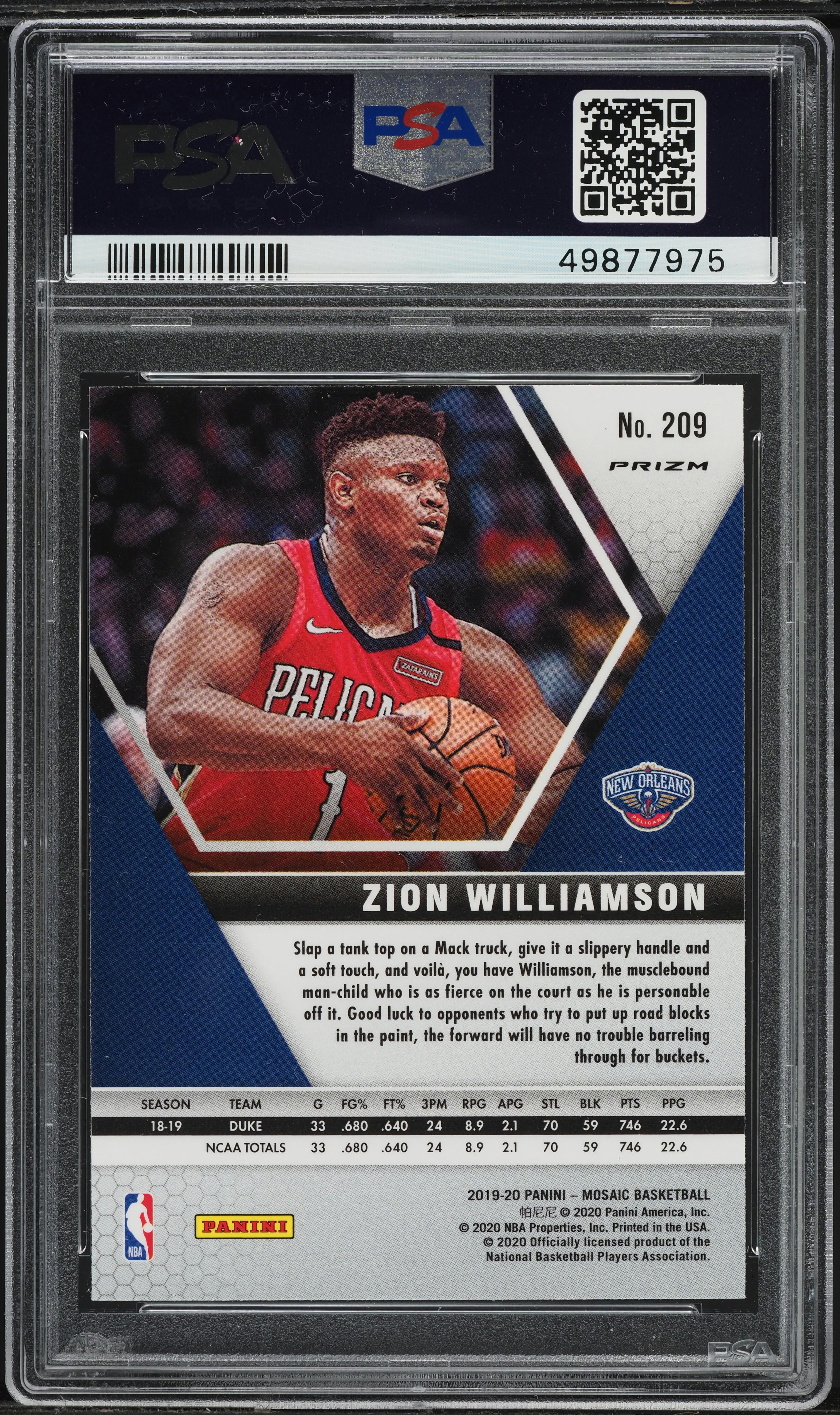 2019 Panini Mosaic Fast Break Silver Zion Williamson ROOKIE #209