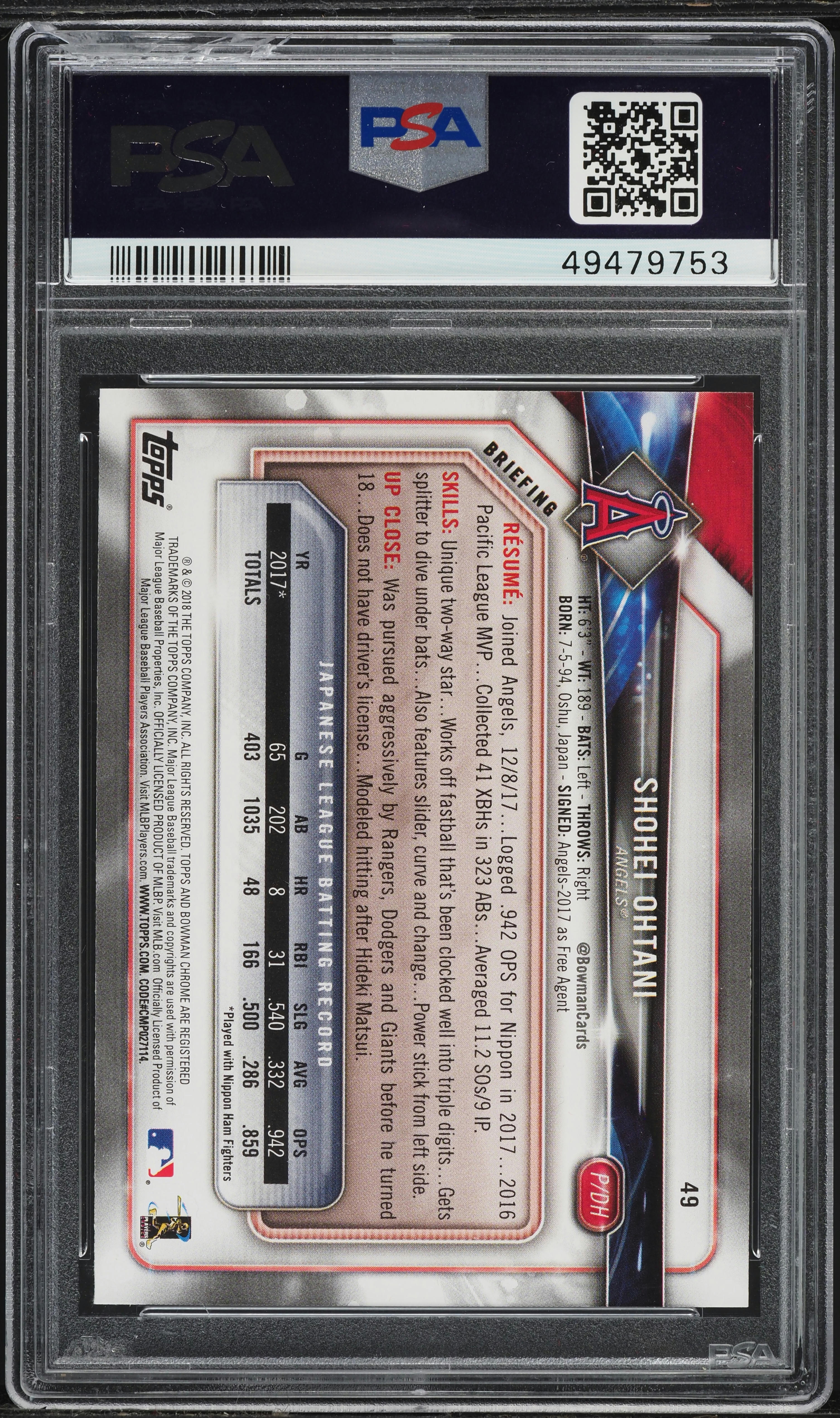 2018 Bowman Shohei Ohtani ROOKIE #49 PSA 10 GEM MINT on Fanatics