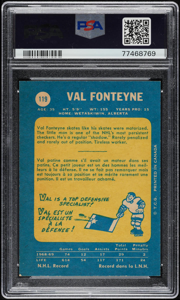 1969 O-Pee-Chee Hockey Val Fonteyne #119 PSA 8 NM-MT
