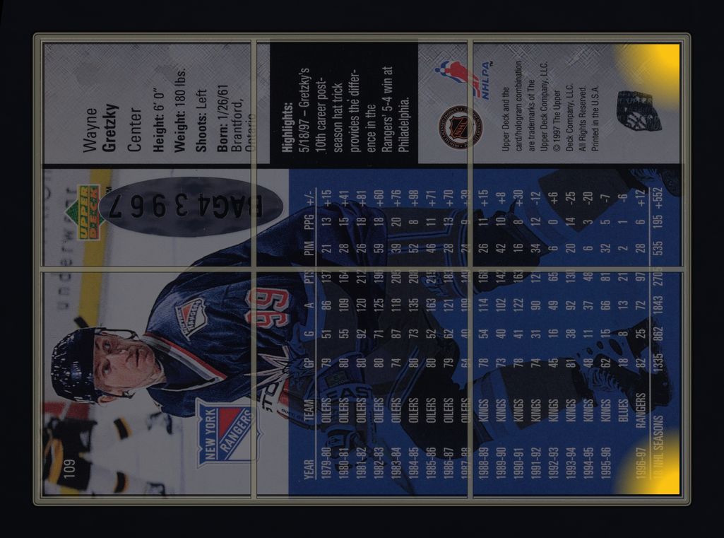1997 Upper Deck Wayne Gretzky AUTO /500 #109 MBA AUTH