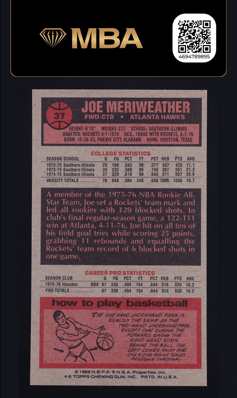 1976 Topps Basketball Joe Meriweather ROOKIE #37 MBA AUTH