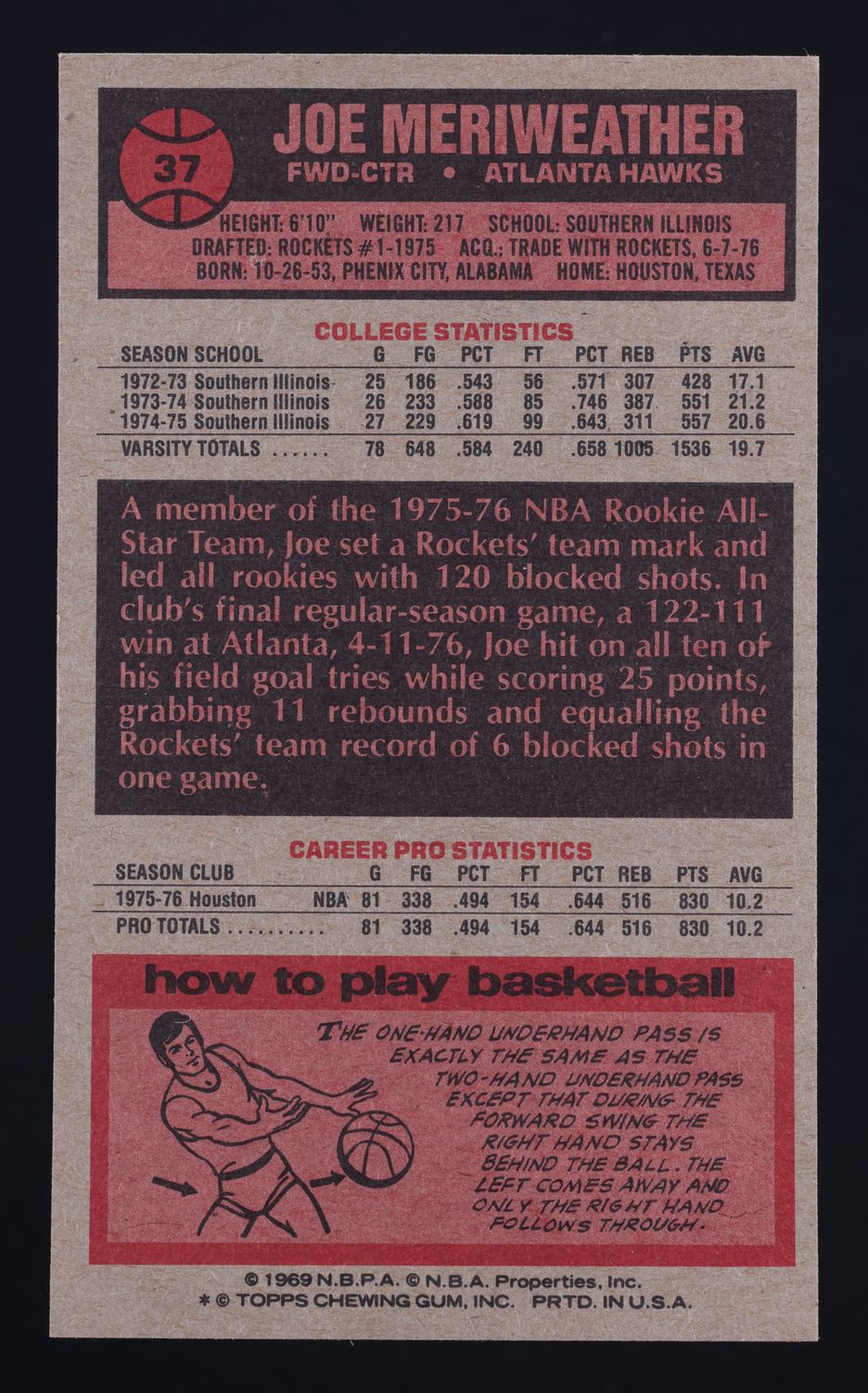 1976 Topps Basketball Joe Meriweather ROOKIE #37 MBA AUTH