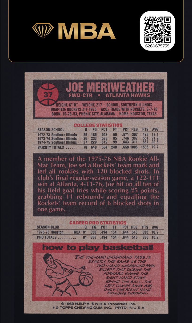 1976 Topps Basketball Joe Meriweather #37 MBA AUTH