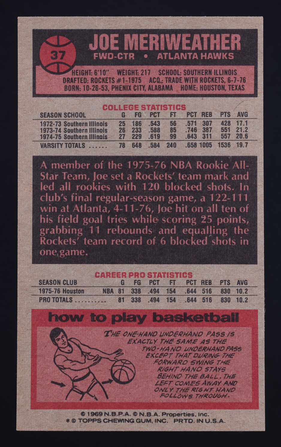 1976 Topps Basketball Joe Meriweather #37 MBA AUTH