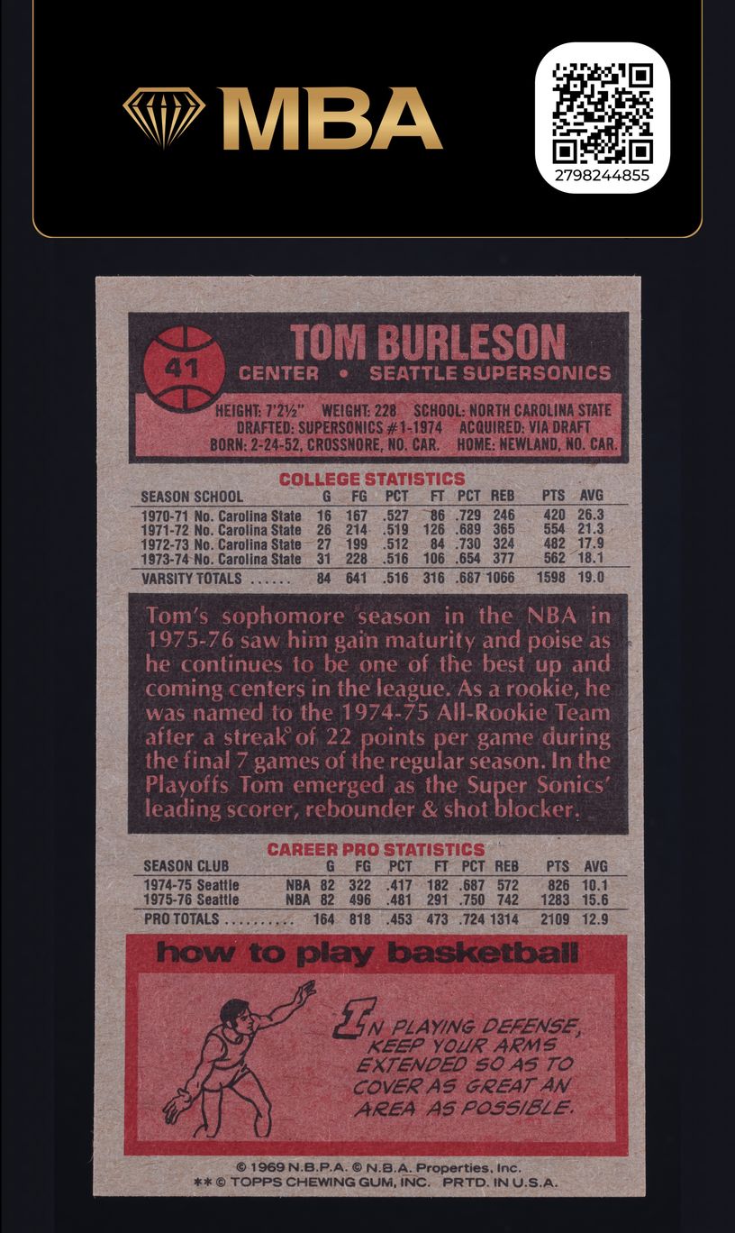 1976 Topps Basketball Tom Burleson #41 MBA AUTH