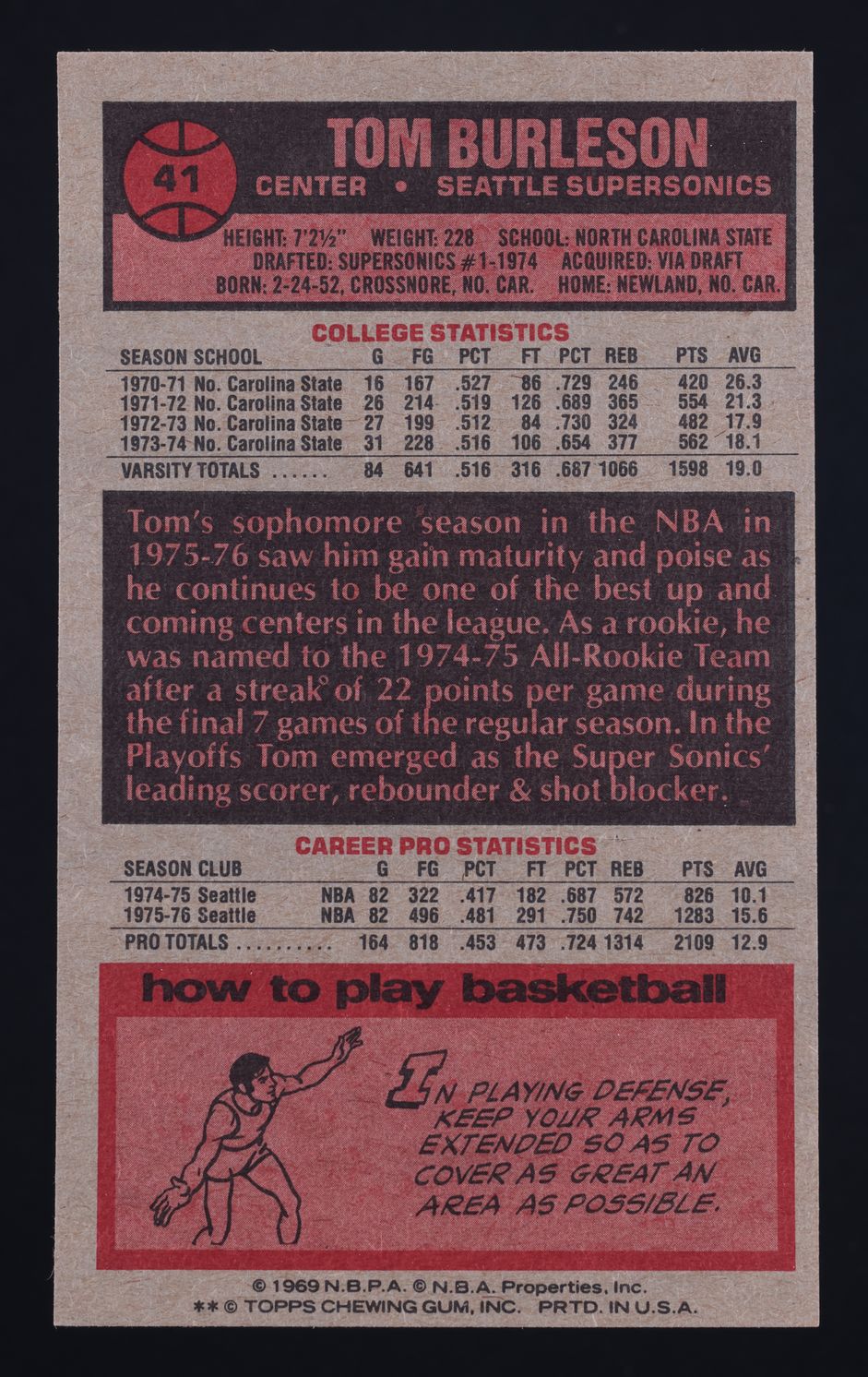 1976 Topps Basketball Tom Burleson #41 MBA AUTH