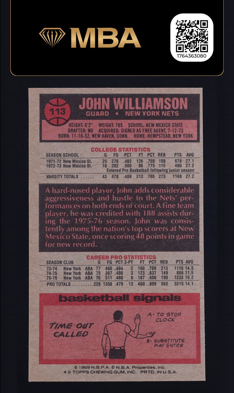 1976 Topps Basketball John Williamson #113 MBA AUTH